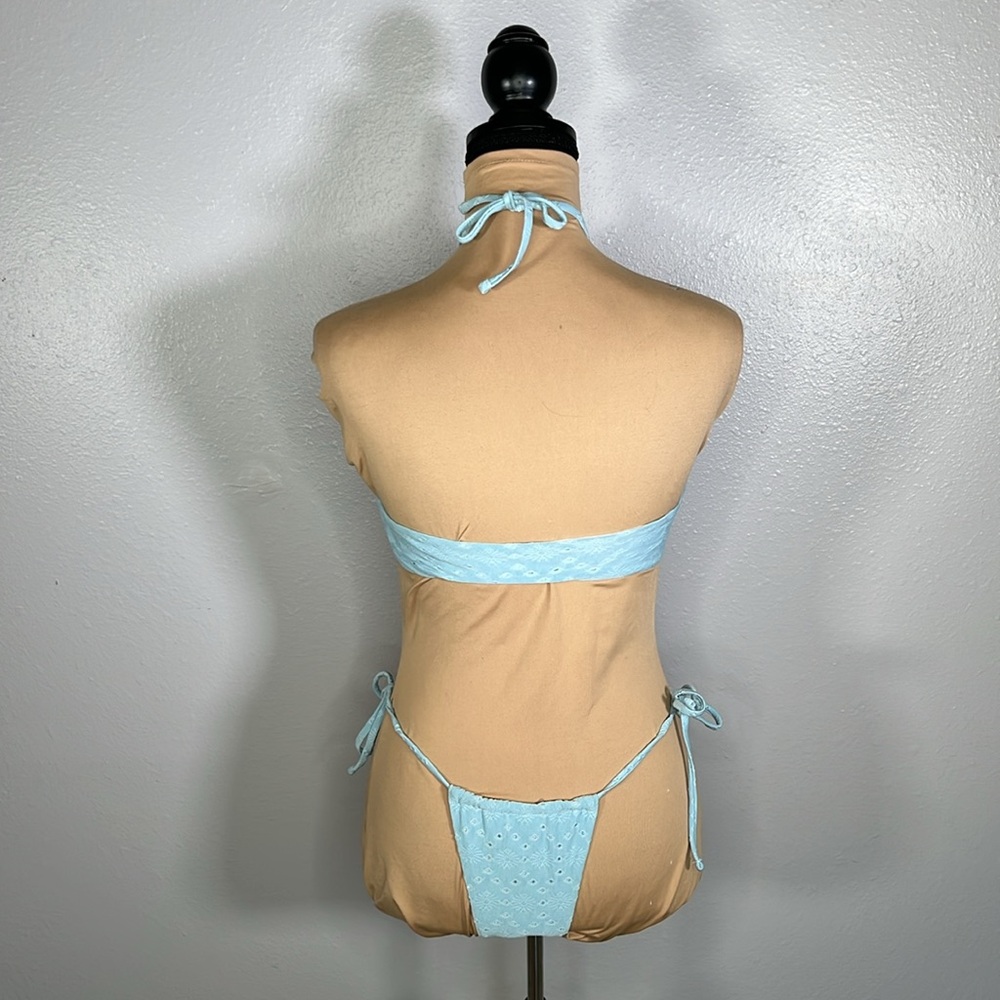 Light Blue pastel Embroidered Cutout criss cross tie micro Bikini XS| coquette - Picture 3 of 6